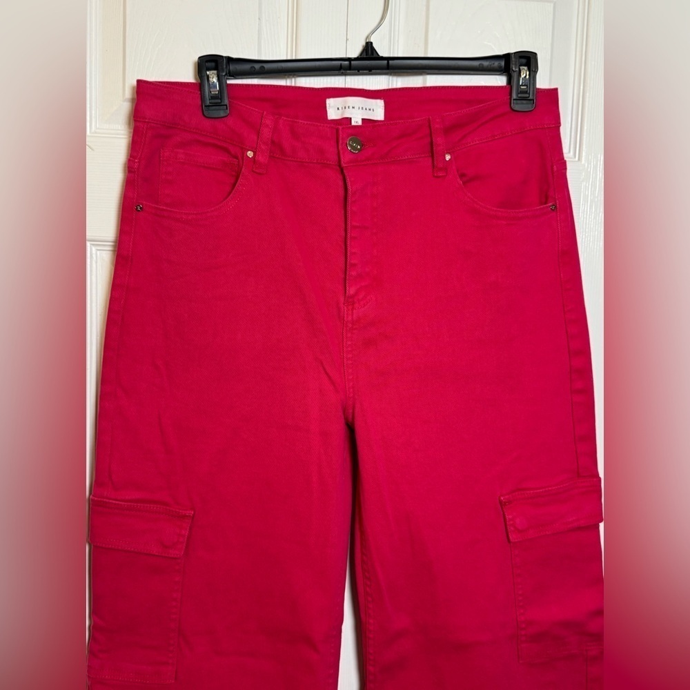 Risen Hot Pink Flare Cargo Jeans 1XL NWT Wide Leg Stretch - Picture 3 of 9